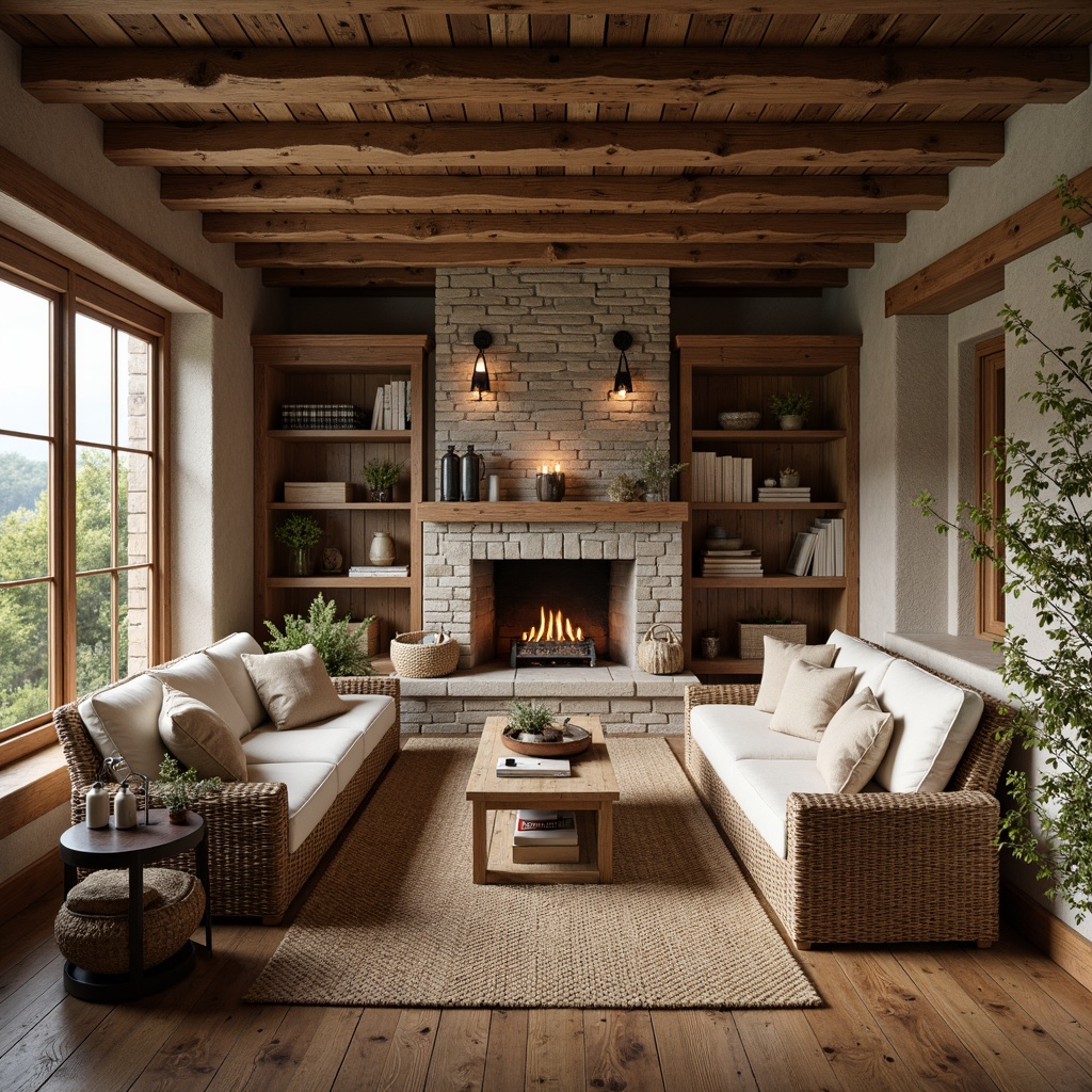 Prompt: Rustic farmhouse interior, reclaimed wood accents, natural stone walls, earthy color palette, woven wicker furniture, jute rugs, linen upholstery, vintage metal decor, wooden beams, exposed brick, cozy fireplace, warm candlelight, soft morning light, shallow depth of field, 1/1 composition, realistic textures, ambient occlusion.