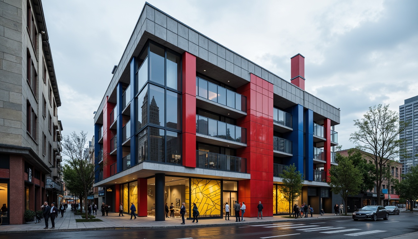 Prompt: Bauhaus-inspired building, rectangular forms, clean lines, minimal ornamentation, bold primary colors, bright red accents, deep blue tones, yellow geometric patterns, sleek metal materials, polished chrome fixtures, industrial textures, urban cityscape, cloudy grey sky, dramatic high-contrast lighting, sharp shadows, 1/1 composition, symmetrical framing, graphic abstract shapes, modernist typography.