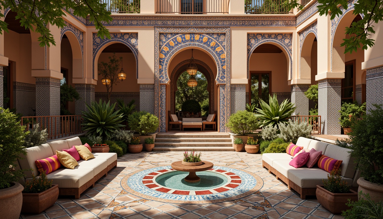 Prompt: Vibrant Moroccan-inspired riad, intricate Islamic geometry, kaleidoscope colors, ornate tile work, luxurious textiles, plush cushions, grand archways, ornamental fountains, lush greenery, warm sunny day, soft warm lighting, shallow depth of field, 3/4 composition, panoramic view, realistic textures, ambient occlusion.