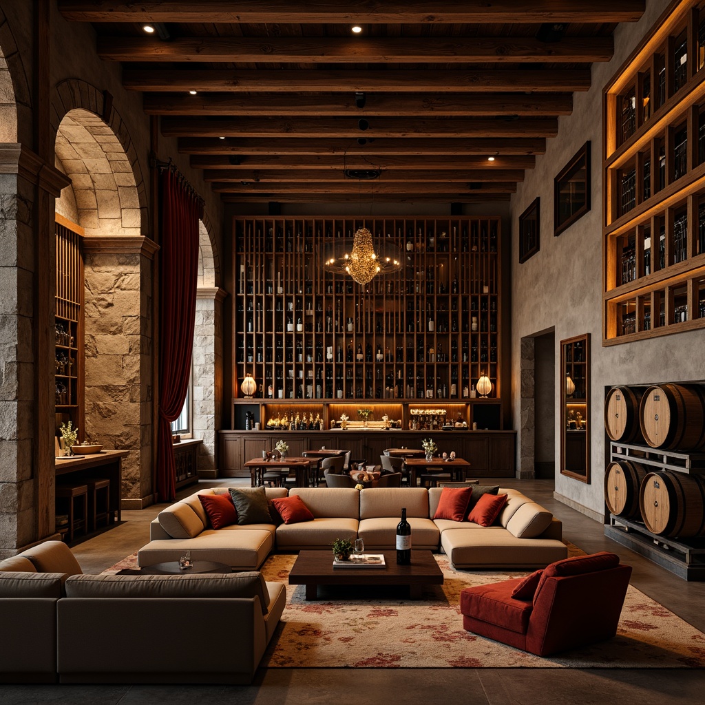 Prompt: Luxurious wine cellar, rich wood tones, dim warm lighting, rustic stone walls, wooden wine racks, elegant metalwork, velvet drapes, comfortable leather sofas, dark-stained coffee tables, ornate mirrors, vintage wine barrels, ambient soft music, intimate atmosphere, fine art pieces, sophisticated color palette, earthy textures, classic architectural details.