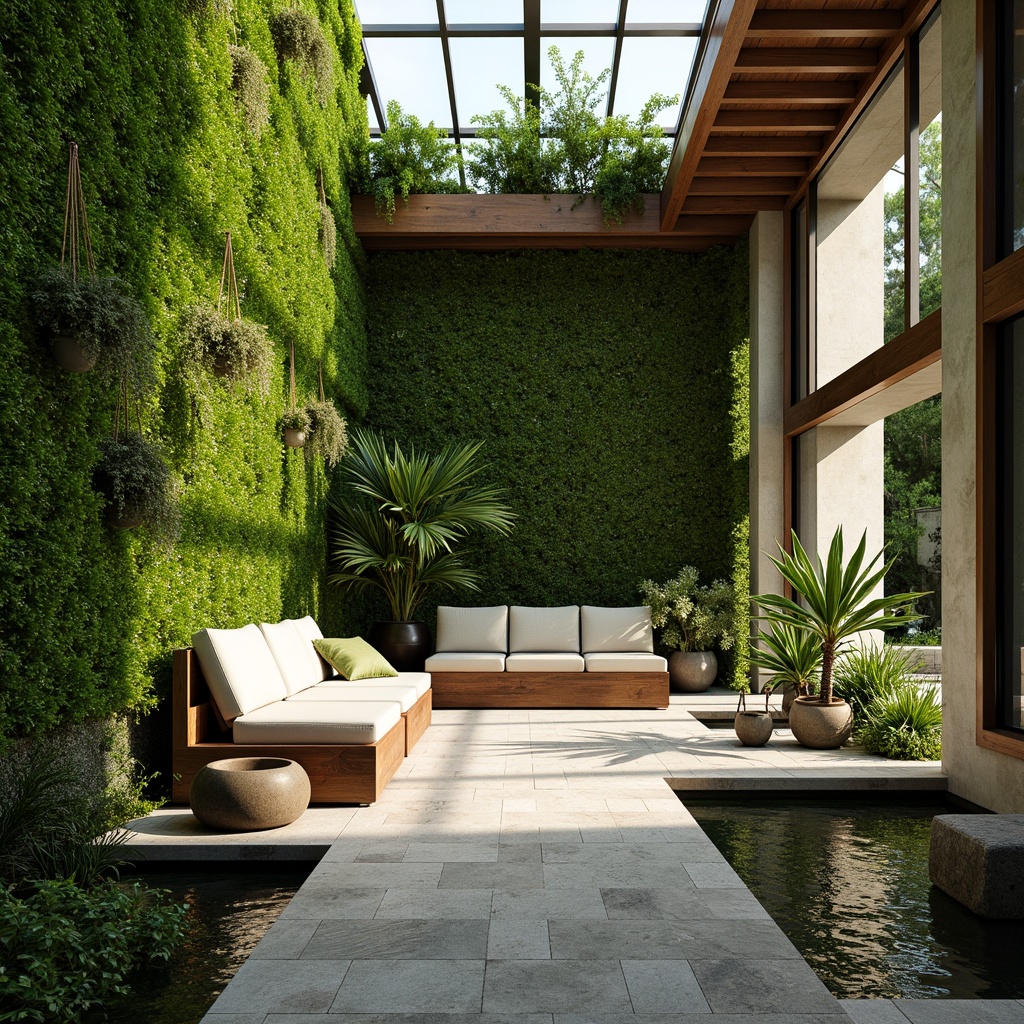 Prompt: Lush green walls, natural stone floors, indoor water features, serene ambiance, hanging planters, tropical plants, minimalist decor, modern interior design, wooden accents, floor-to-ceiling windows, abundant natural light, warm color palette, cozy seating areas, intricate mosaics, textured fabrics, calming atmosphere, shallow depth of field, 1/1 composition, realistic textures, ambient occlusion.