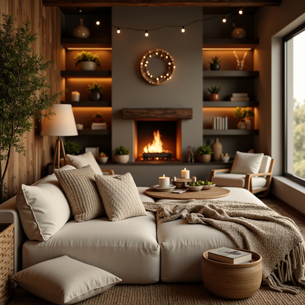 Prompt: Plush throw blankets, soft velvet fabrics, warm beige tones, natural linen textures, cable-knit sweaters, rustic wooden accents, crackling fireplace, twinkling string lights, comfortable reading nooks, oversized pillows, woven baskets, earthy color palette, inviting ambiance, warm golden lighting, shallow depth of field, 1/1 composition, realistic materials, ambient occlusion.