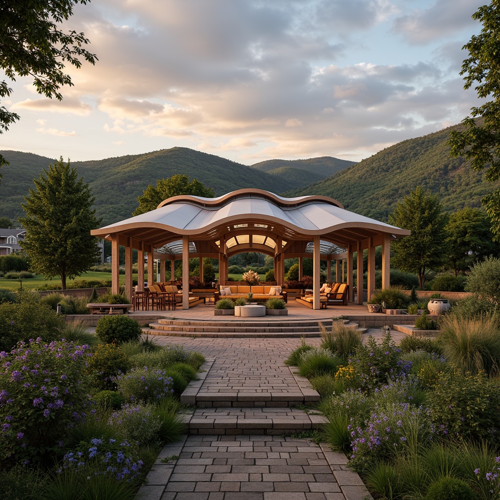 Prompt: Rustic farmhouse, amphitheater seating, rolling hills, lush greenery, innovative roofing designs, curved metal structures, translucent skylights, reclaimed wood accents, earthy tones, natural stone walls, wooden beams, modern farm equipment, vintage decor, warm sunset lighting, soft focus, 1/1 composition, atmospheric perspective, realistic textures, ambient occlusion.