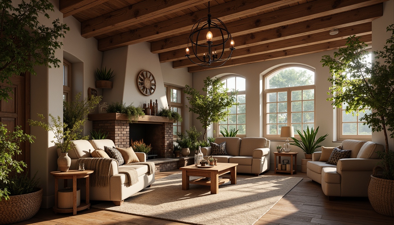 Prompt: Rustic farmhouse, eclectic style, vintage decor, distressed wood accents, metal lanterns, pendant lights, candle chandeliers, warm soft glow, natural textures, earthy color palette, reclaimed wood beams, stone fireplaces, cozy nooks, plush throw blankets, woven baskets, potted greenery, country charm, relaxed atmosphere, morning sunlight, golden hour lighting, shallow depth of field, 1/2 composition, realistic rendering.