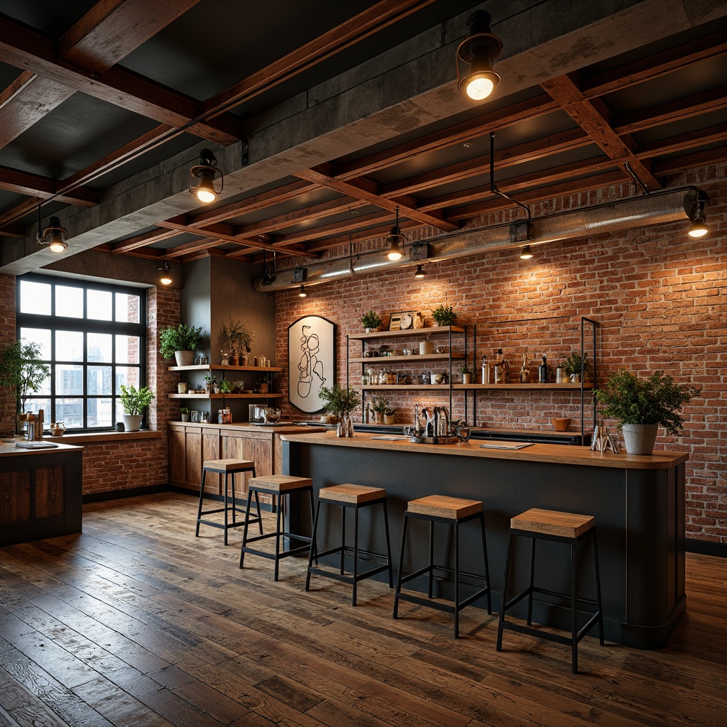 Prompt: Exposed brick walls, metal beams, industrial chic decor, distressed wood floors, urban loft atmosphere, modern minimalist lighting, metallic color scheme, copper accents, steel furniture frames, reclaimed wood shelves, concrete ceilings, industrial-style pipes, functional decor, Edison bulb fixtures, raw metal textures, high-contrast lighting, dramatic shadows, 1/1 composition, low-angle shot, moody atmospheric effects.