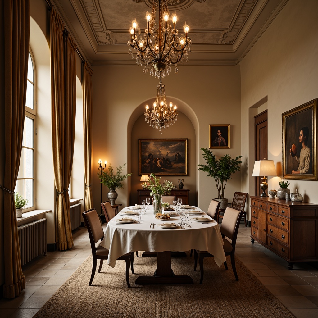 Prompt: Cozy dining room, warm earthy tones, rich wood furniture, soft cream walls, elegant chandeliers, plush velvet drapes, natural stone flooring, woven jute rugs, vintage decorative accents, intimate candlelight, shallow depth of field, 1/2 composition, realistic textures, ambient occlusion.