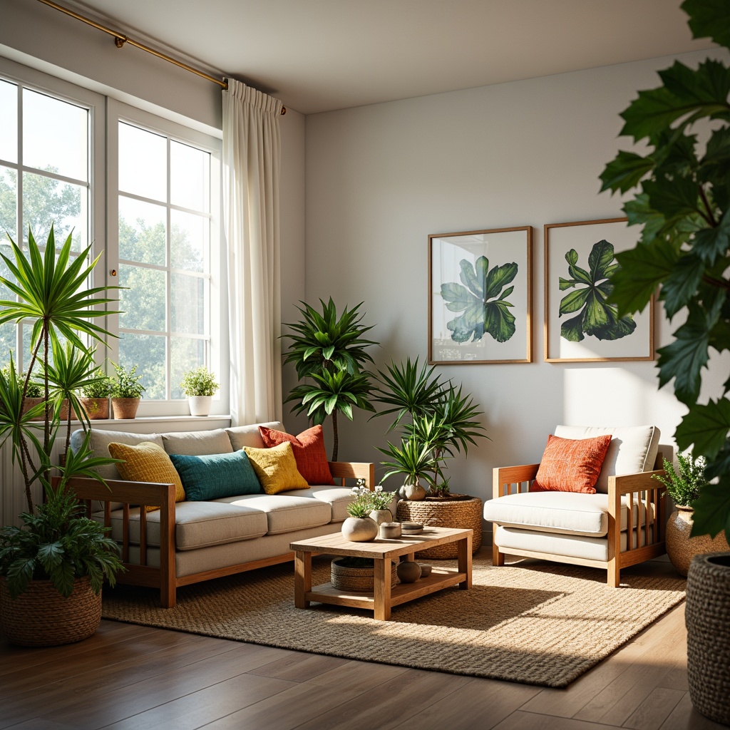 Prompt: Cozy living room, lush greenery, potted plants, natural wood furniture, woven baskets, earthy tones, soft warm lighting, comfortable sofas, vibrant colorful throw pillows, subtle textures, minimal decor, modern botanical prints, floor-to-ceiling windows, sheer white curtains, fresh air circulation, peaceful atmosphere, 1/1 composition, shallow depth of field.