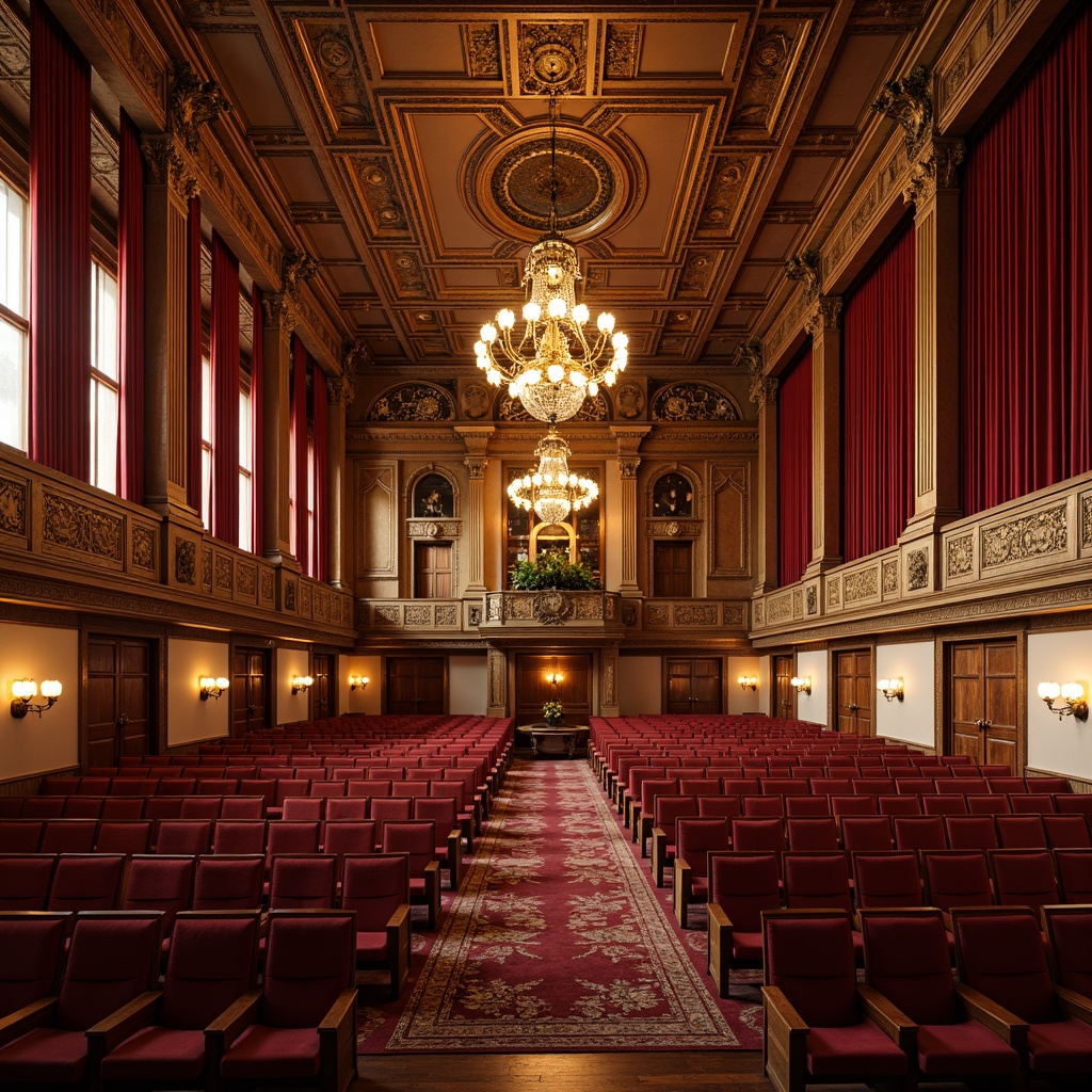 Prompt: Ornate auditorium, traditional architecture, luxurious wood accents, intricate carvings, grand chandeliers, red velvet curtains, plush seating, innovative acoustic panels, sound-absorbing materials, geometric patterns, warm golden lighting, soft shadows, 1/1 composition, realistic textures, ambient occlusion.