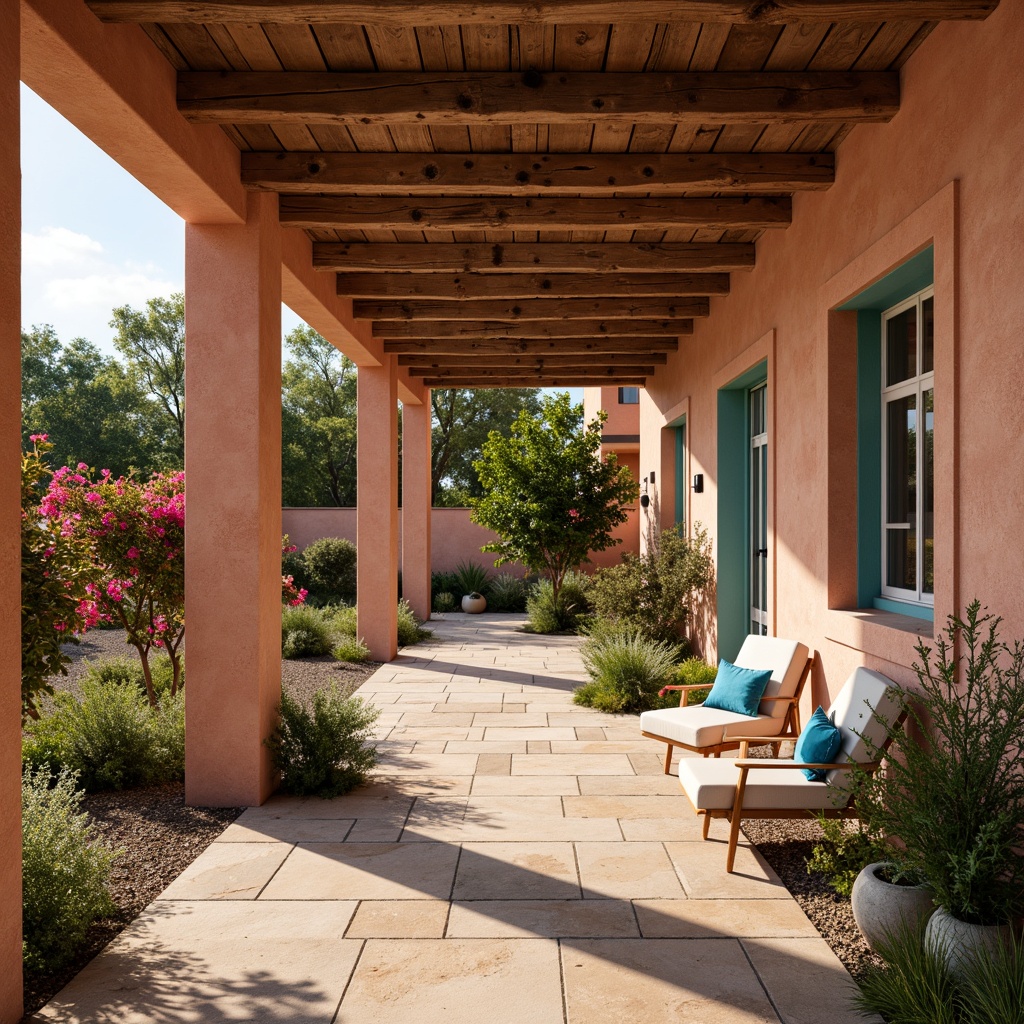 Prompt: Warm Mediterranean villa, earthy terracotta walls, soft cerulean blue accents, rustic wooden beams, natural stone flooring, lush greenery, vibrant bougainvillea flowers, sunny day, warm golden lighting, shallow depth of field, 3/4 composition, panoramic view, realistic textures, ambient occlusion.