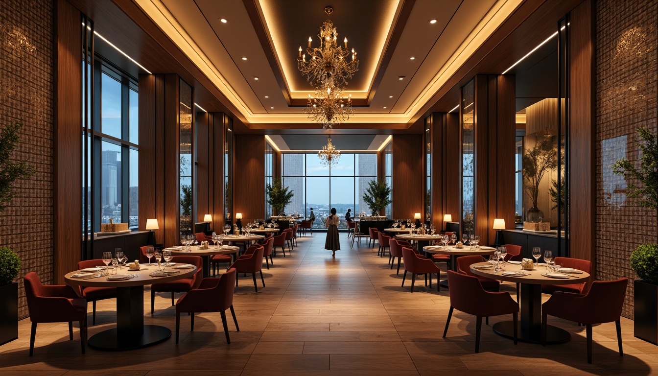 Prompt: Elegant dining hall, luxurious chandeliers, rich wood paneling, textured wallpaper, subtle LED lighting, floor-to-ceiling windows, panoramic views, modern minimalist furniture, plush velvet upholstery, metallic accents, grand staircase, ornate mirrors, sophisticated color palette, dramatic ceiling heights, 3/4 composition, soft warm lighting, shallow depth of field.