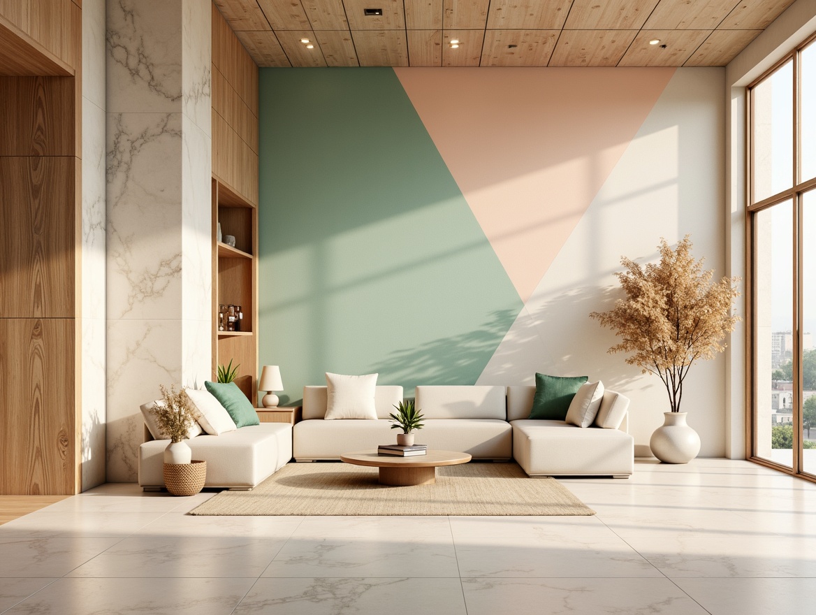 Prompt: Soft peach tones, calming mint greens, creamy whites, warm beige accents, subtle lavender hints, rich wood textures, natural stone backgrounds, elegant marble patterns, gentle golden lighting, shallow depth of field, 1/1 composition, realistic renderings, ambient occlusion.