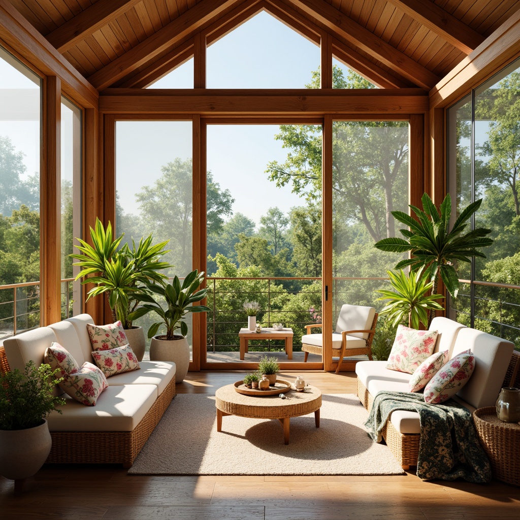 Prompt: Cozy sunroom, natural light pouring in, warm wood tones, plush wicker furniture, comfortable cushioning, vibrant floral patterns, lush greenery, sliding glass doors, modern minimalist decor, tropical plants, rattan accents, soft pastel colors, woven textiles, natural fibers, organic shapes, airy feel, 1/1 composition, bright and airy atmosphere, gentle warm lighting.