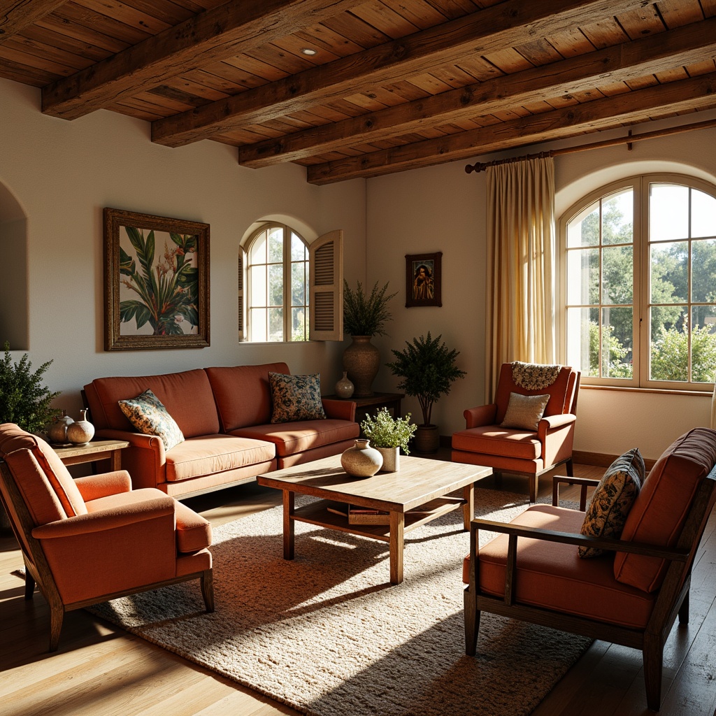 Prompt: Cozy Mediterranean living room, rustic wooden furniture, distressed finishes, plush velvet sofas, chunky woven armchairs, ornate metal accents, colorful ceramic vases, natural fiber rugs, warm earthy tones, sun-kissed stonewalls, arched windows, louvered shutters, soft billowy curtains, ambient warm lighting, shallow depth of field, 2/3 composition, realistic textures, atmospheric rendering.