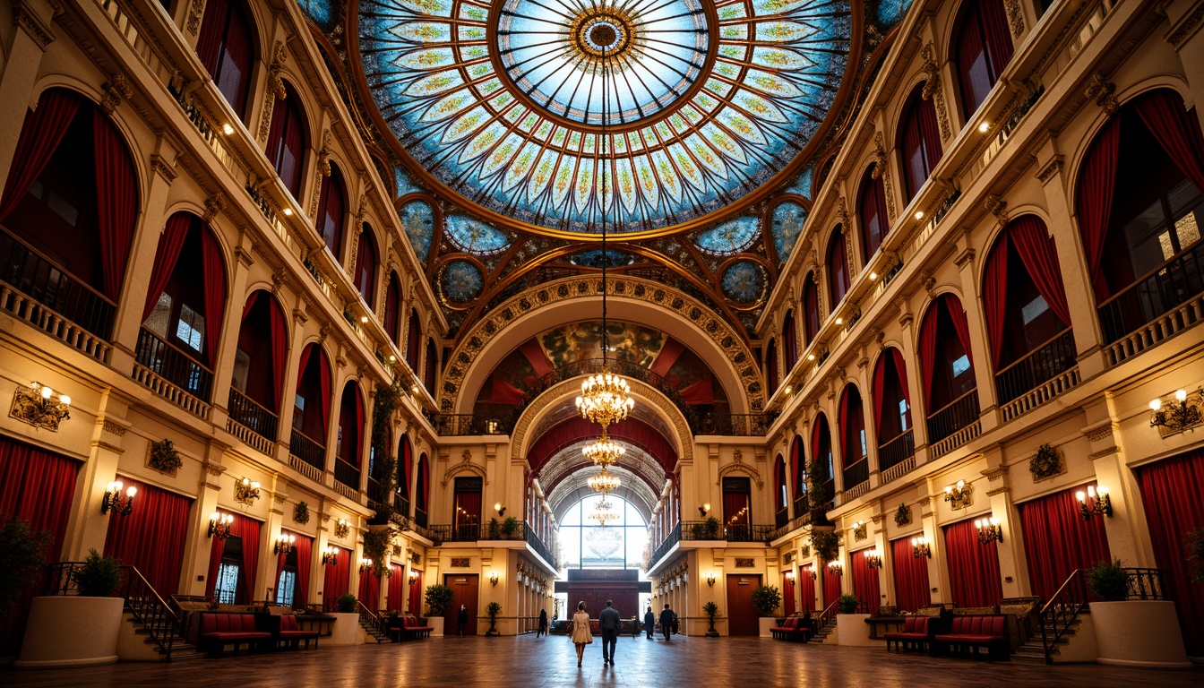 Prompt: Grand opera house, ornate architecture, intricate stained glass ceiling, vibrant colorful patterns, ornamental details, luxurious chandeliers, red velvet curtains, golden accents, marble flooring, majestic staircases, sweeping arches, dramatic lighting effects, warm soft glow, shallow depth of field, 1/1 composition, realistic textures, ambient occlusion.