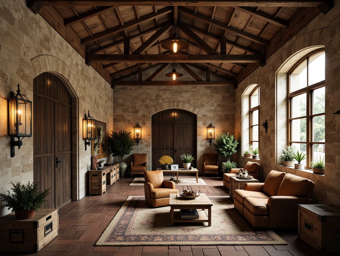 Prompt: Rustic warehouse, distressed wooden beams, textured stone walls, vintage metal accents, earthy color palette, natural fabrics, soft warm lighting, cozy atmosphere, ornate metal lanterns, reclaimed wood furniture, classic French country elements, elegant archways, distressed brick flooring, plush area rugs, rustic metal doors, worn leather armchairs, aged wooden crates, soft candlelight, 1/1 composition, intimate camera angle, realistic textures.