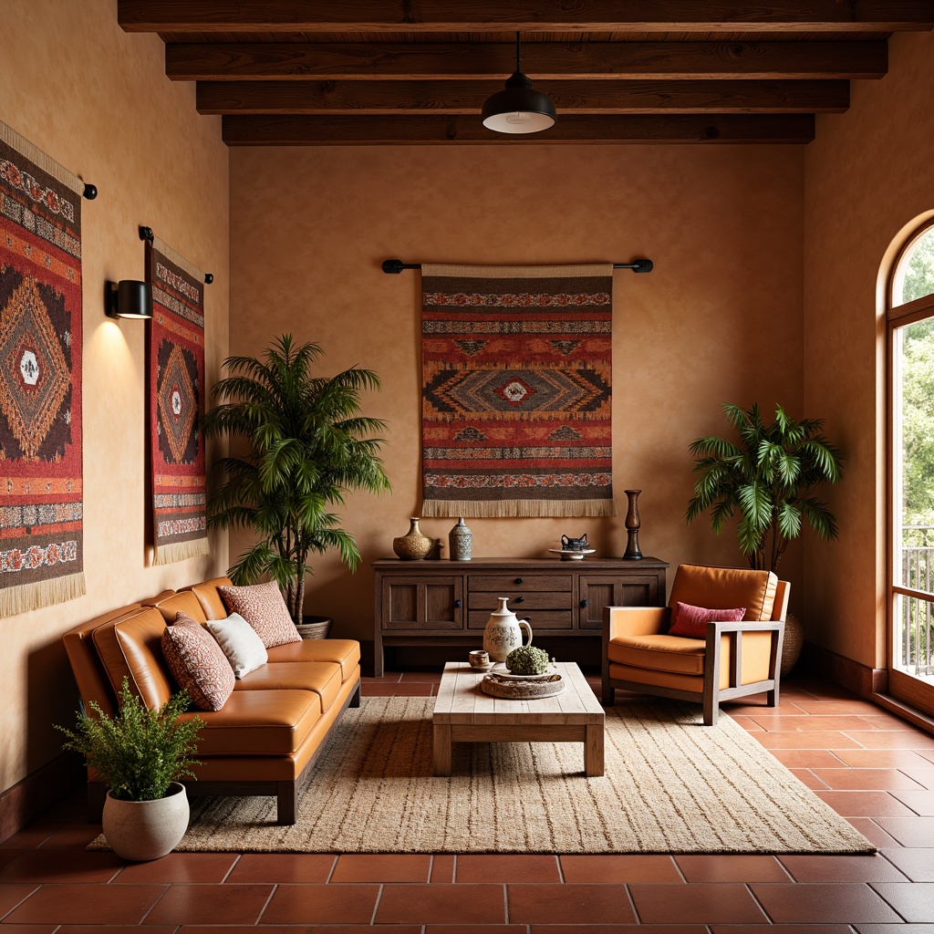 Prompt: Southwestern style interior, earthy tone walls, rustic wooden accents, woven textiles, vibrant colorful patterns, geometric motifs, terracotta flooring, natural fiber rugs, plush throw pillows, leather upholstery, metal fixtures, distressed wood furniture, vintage decorative items, warm ambient lighting, soft shadows, shallow depth of field, 1/1 composition, realistic textures, ambient occlusion.