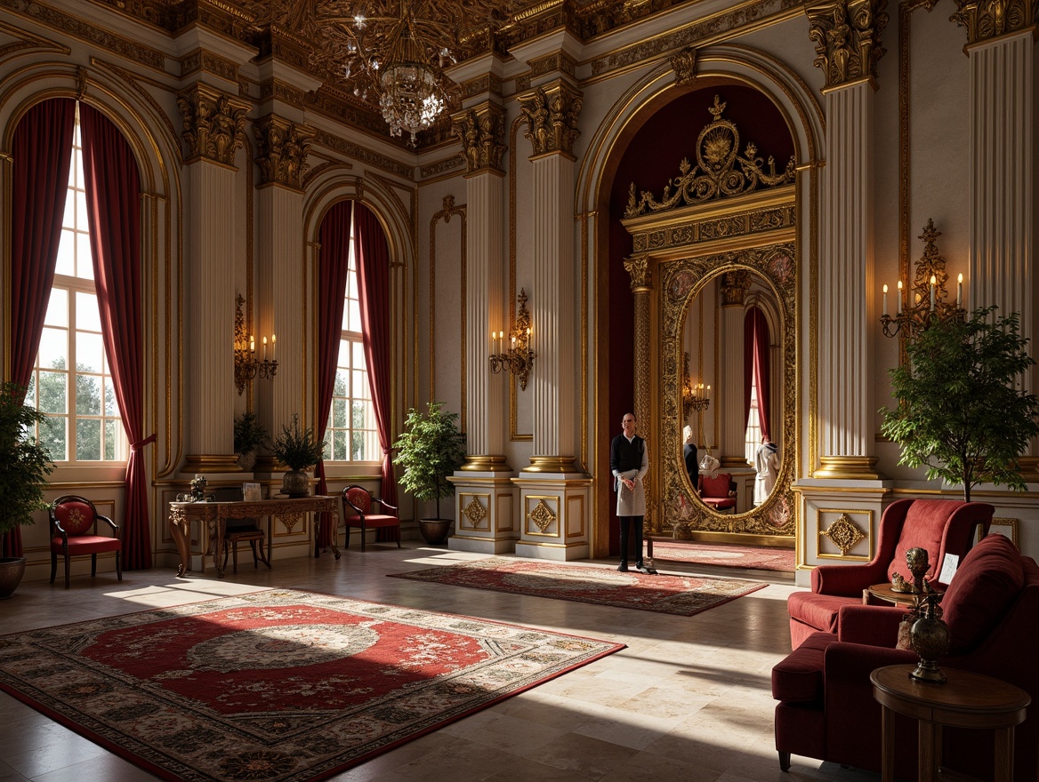 Prompt: Ornate palace facade, intricately carved stone walls, gilded ornamental details, grandiose columns, sweeping arches, lavish furnishings, velvet drapes, ornate mirrors, crystal chandeliers, richly patterned rugs, golden accents, highly polished marble floors, dramatic lighting effects, intense color palette, 1/1 composition, low-key lighting, realistic reflections, ambient occlusion.