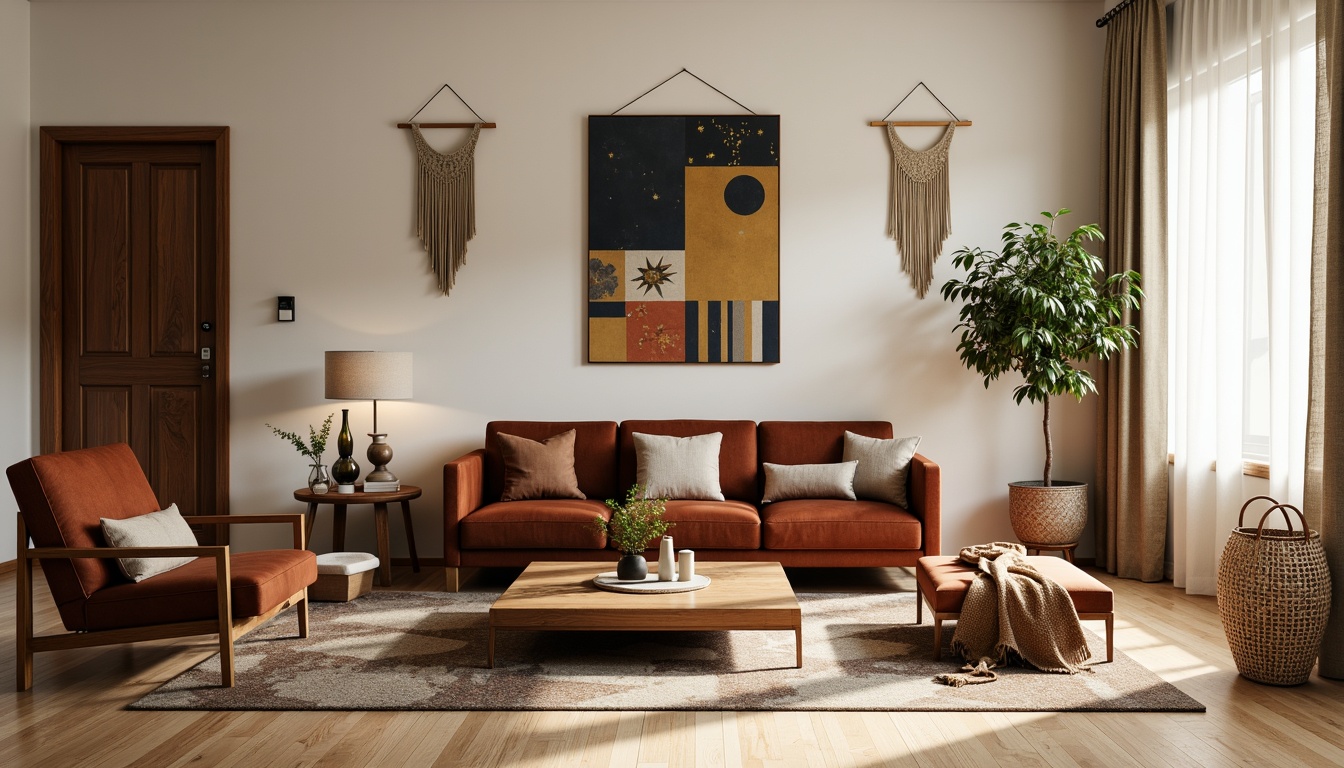 Prompt: Mid-century modern living room, vintage furniture, plush velvet sofa, geometric patterned rug, abstract art pieces, natural wood accents, earthy color palette, woven wicker chairs, macrame wall hangings, linen drapes, organic shapes, minimal ornamentation, warm soft lighting, shallow depth of field, 1/2 composition, realistic textures, ambient occlusion.