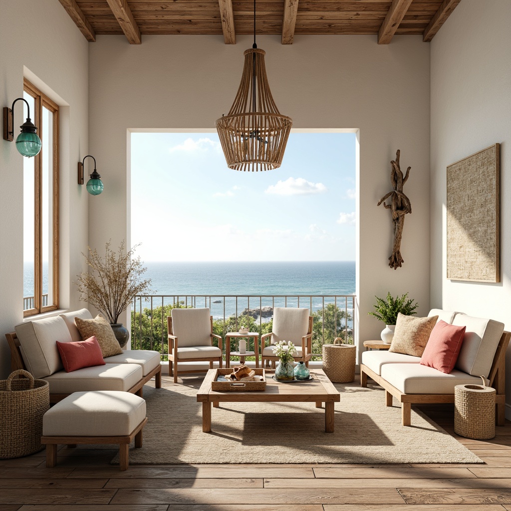 Prompt: Soft warm coastal lighting, beachy vibes, driftwood accents, nautical ropes, ocean-inspired chandeliers, shell-shaped sconces, blue-green glass pendant lights, natural linen shades, woven sea grass textiles, reclaimed wood furniture, whitewashed walls, coral-colored accents, sunny day, gentle sea breeze, 1/1 composition, shallow depth of field, warm color temperature, realistic textures, ambient occlusion.