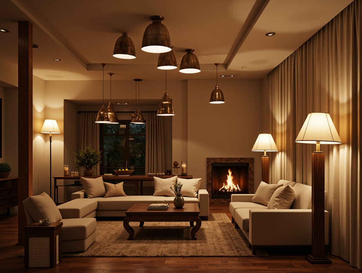 Prompt: Warm-toned pendant lamps, rustic metal shades, soft ambient glow, cozy living room, plush furniture, creamy walls, polished wood floors, natural stone fireplace, crackling flames, intimate seating area, warm beige curtains, table lamps with linen shades, floor lamps with wooden accents, warm color palette, inviting atmosphere, relaxing ambiance, soft box lighting, 1/2 composition, shallow depth of field, warm white balance, realistic textures.