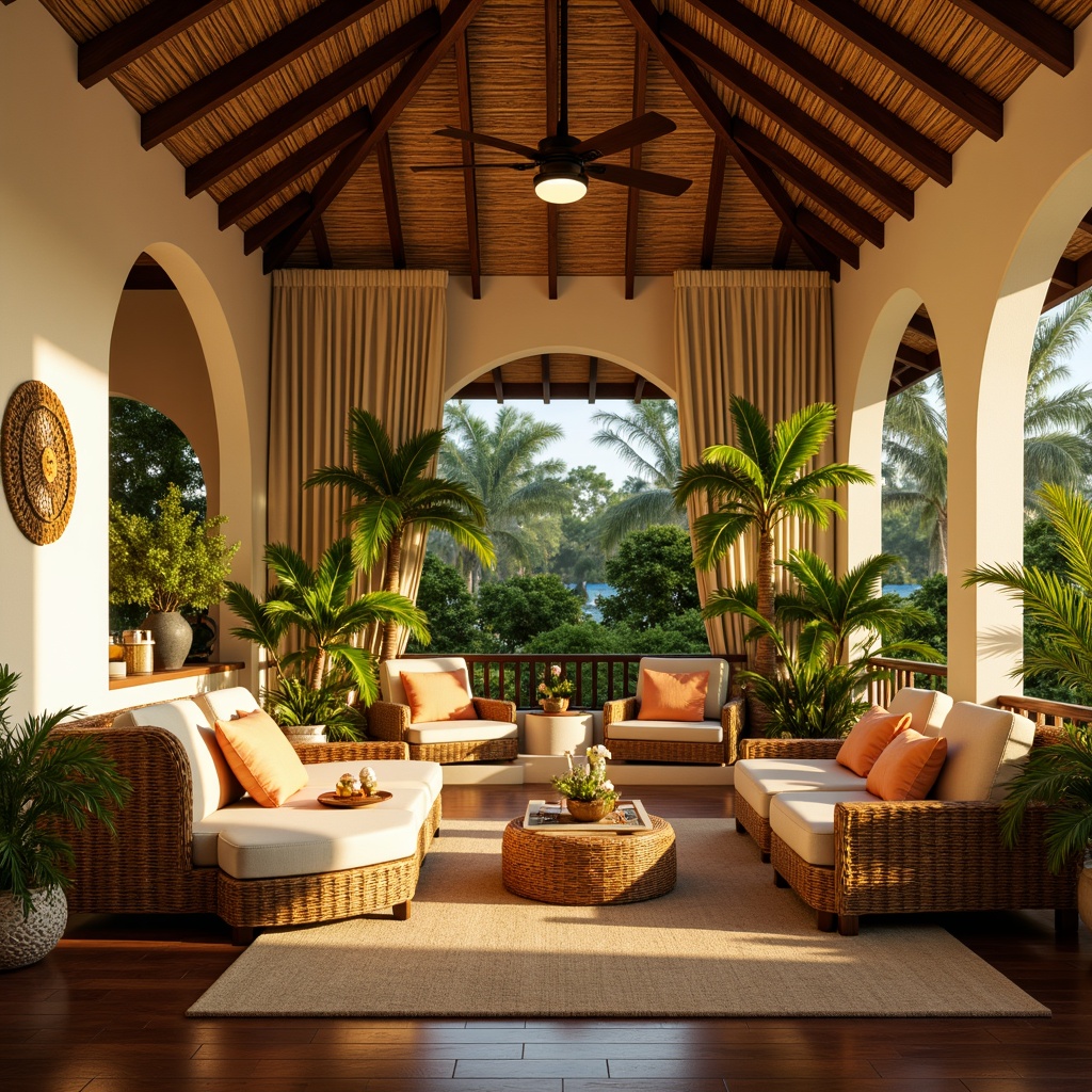 Prompt: Tropical interior, warm golden lighting, soft diffused shadows, natural fiber textures, woven rattan furniture, vibrant colorful accents, lush greenery, exotic botanicals, wooden ceiling fans, creamy white walls, rich wood tones, ambient warm glow, warm beige floors, comfortable cozy atmosphere, 3/4 composition, shallow depth of field, realistic reflections, soft focus background.