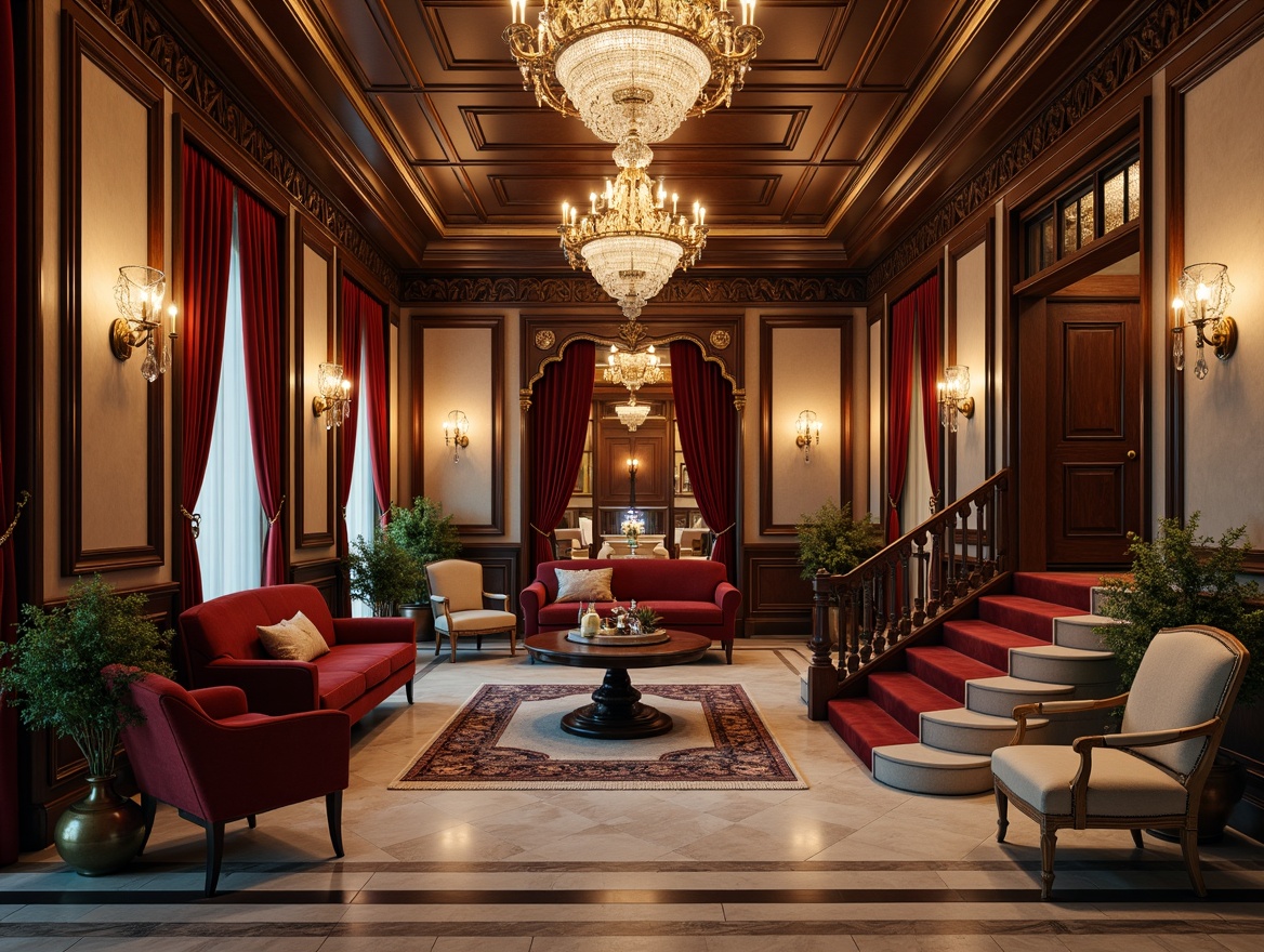 Prompt: Luxurious mansion interior, ornate chandeliers, grand staircases, intricate moldings, lavish furnishings, velvet drapes, marble floors, crystal sconces, gilded frames, rich wood paneling, carved wooden doors, stunning ceiling designs, ambient warm lighting, shallow depth of field, 1/1 composition, realistic textures, soft focus effect.