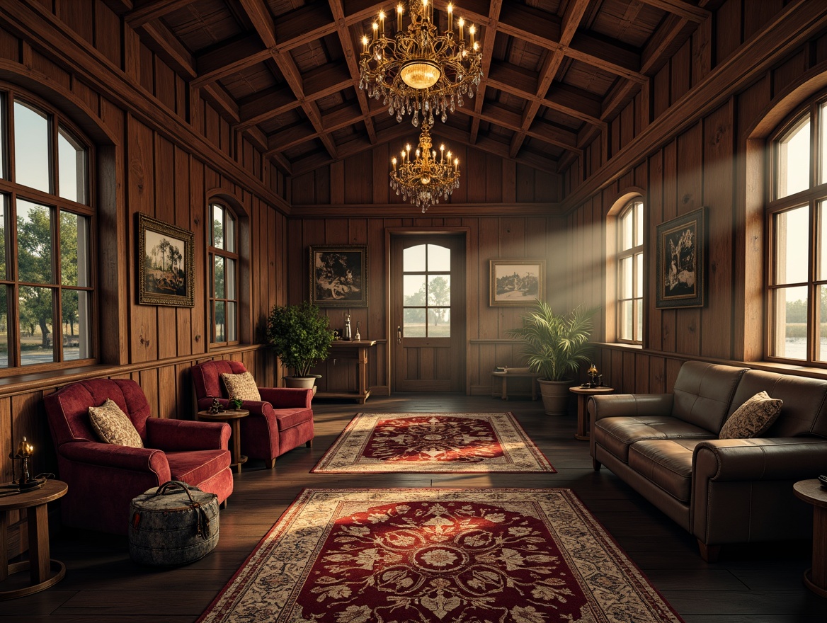 Prompt: Rustic wooden boathouse, mysterious Gothic accents, vintage nautical elements, distressed finishes, ornate metalwork, luxurious velvet fabrics, rich dark wood tones, statement lighting fixtures, opulent crystal chandeliers, plush area rugs, antique navigational instruments, eerie atmospheric mist, warm golden lighting, 1/2 composition, dramatic shadows, realistic wood textures.