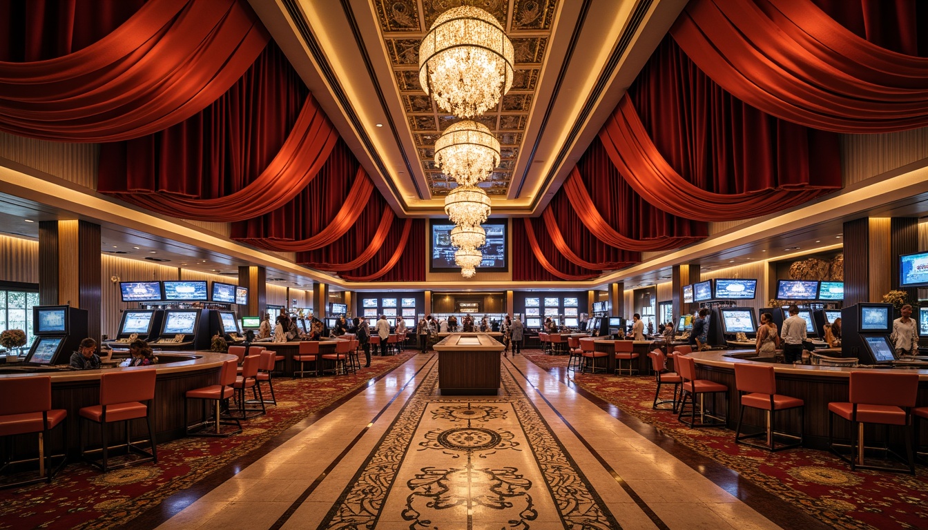 Prompt: Luxurious casino, rich velvet drapes, ornate chandeliers, polished marble floors, intricate mosaic patterns, lavish furnishings, elegant curved lines, sophisticated architectural details, warm golden lighting, ambient shadows, high-contrast ratios, shallow depth of field, 1/1 composition, realistic textures, subtle normal mapping.