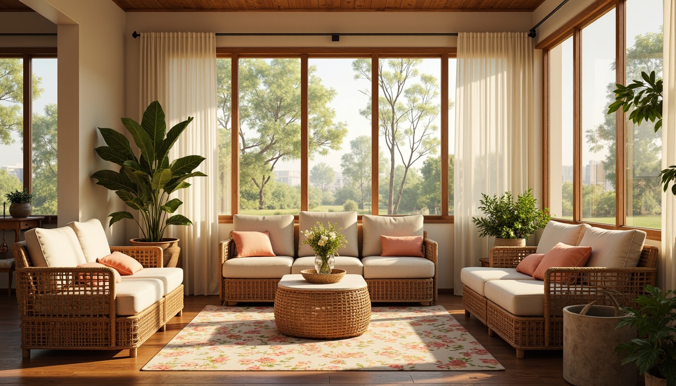 Prompt: Cozy sunroom, plush throw pillows, soft velvet upholstery, natural linen drapes, warm beige walls, wooden floorboards, rattan wicker furniture, vibrant floral patterns, pastel color palette, gentle diffused light, sheer curtains, ambient temperature control, comfortable seating areas, refreshing plants, calming nature views, sunny day, warm golden lighting, shallow depth of field, 1/1 composition, realistic textures.