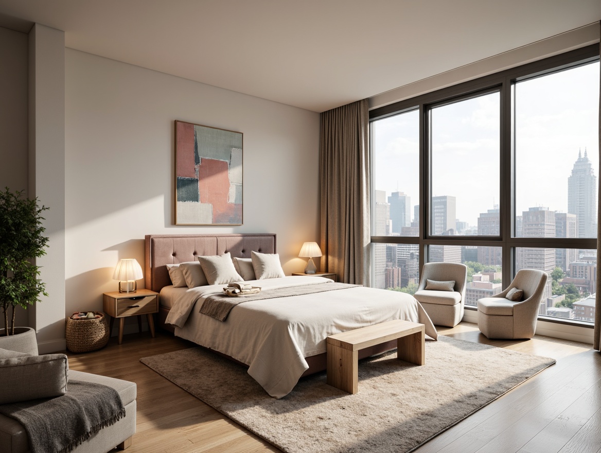 Prompt: Modern bedroom, minimalistic decor, soft pastel colors, plush area rug, tufted headboard, velvet upholstery, linen bedding, subtle sheen fabrics, natural fibers, woven baskets, reclaimed wood accents, warm ambient lighting, cozy reading nook, abstract artwork, floor-to-ceiling windows, cityscape view, 1/1 composition, realistic textures, soft focus effect.