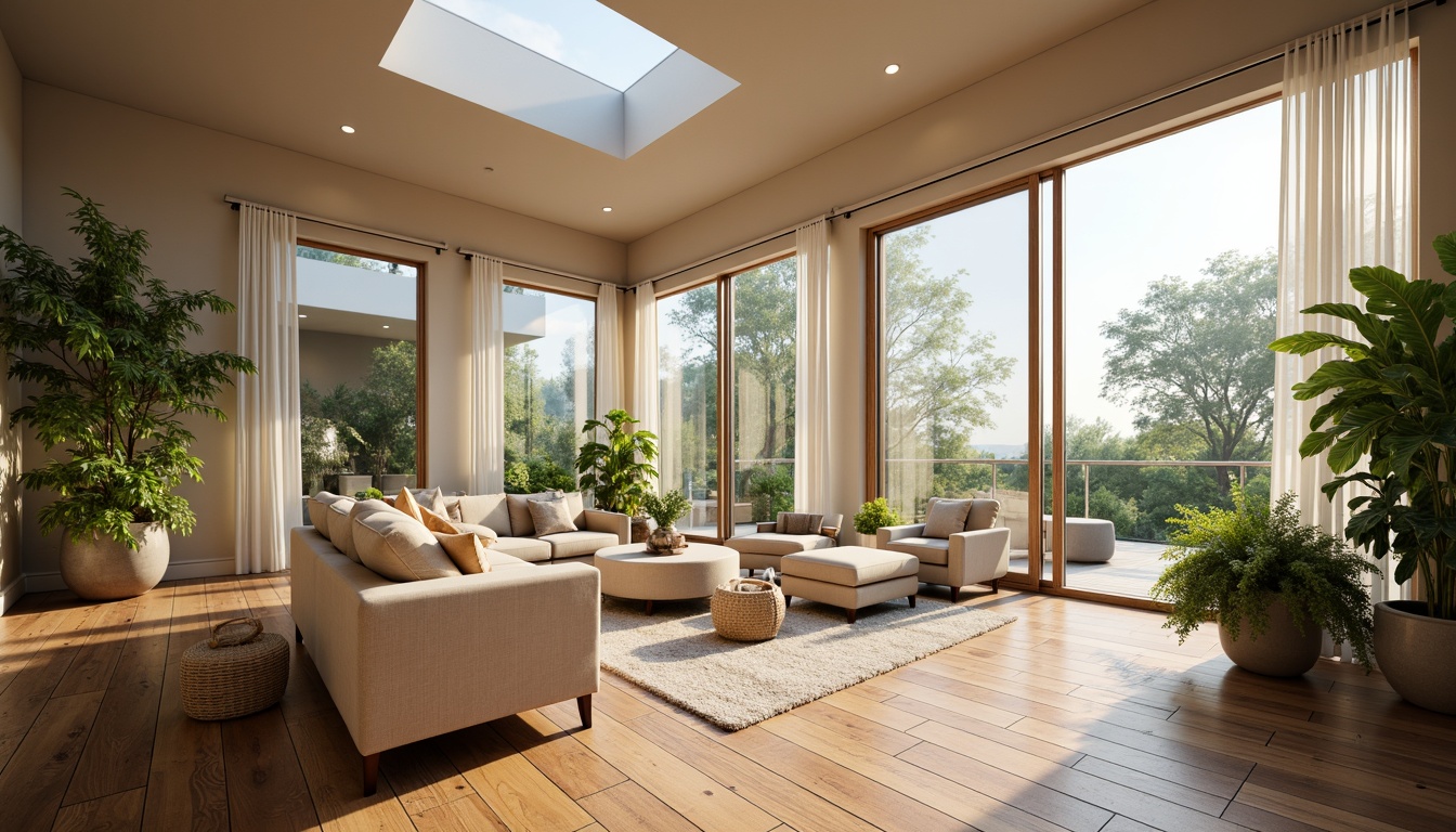 Prompt: Cozy living room, large windows, sliding glass doors, minimal window frames, sheer white curtains, soft diffused natural light, warm beige walls, polished wooden floors, comfortable plush furniture, vibrant greenery, potted plants, open floor plan, high ceilings, skylights, clerestory windows, warm color palette, inviting atmosphere, relaxing ambiance, gentle morning light, soft afternoon glow, dramatic evening shadows, 1/1 composition, soft focus, natural textures.