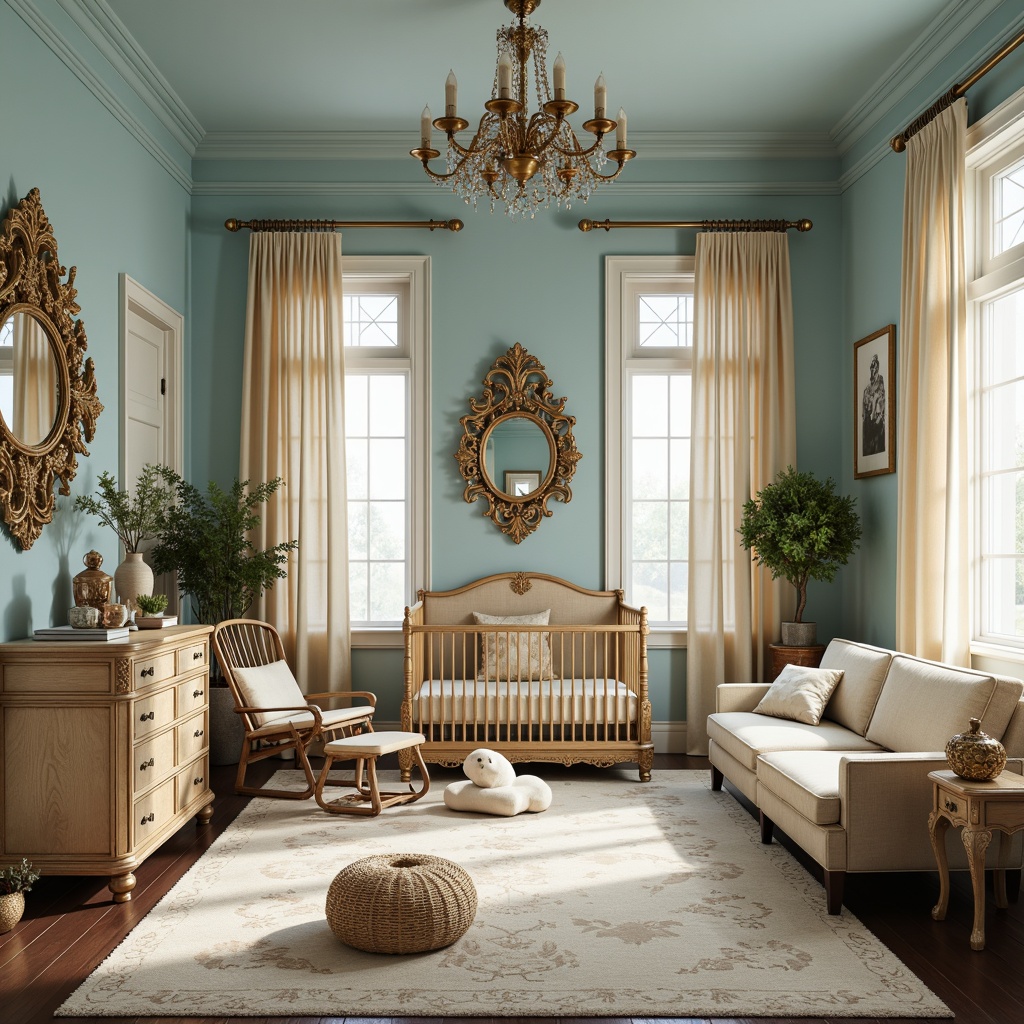 Prompt: Luxurious nursery, baby blue walls, golden ornaments, intricately carved wooden furniture, ornate mirrors, velvet drapes, soft cream accents, rich brown woods, antique bronze hardware, delicate lace trim, whimsical cloud-shaped decorations, elegant chandeliers, subtle sparkle effects, warm candlelight, shallow depth of field, 1/1 composition, realistic textures, ambient occlusion.