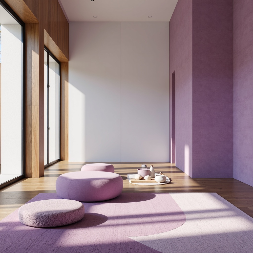 Prompt: Minimalist interior, soothing purple hues, creamy whites, rich woods, velvety soft fabrics, geometric shapes, clean lines, airy spaces, natural light pouring in, subtle gradient effects, 1/1 composition, shallow depth of field, soft warm lighting, ambient occlusion.