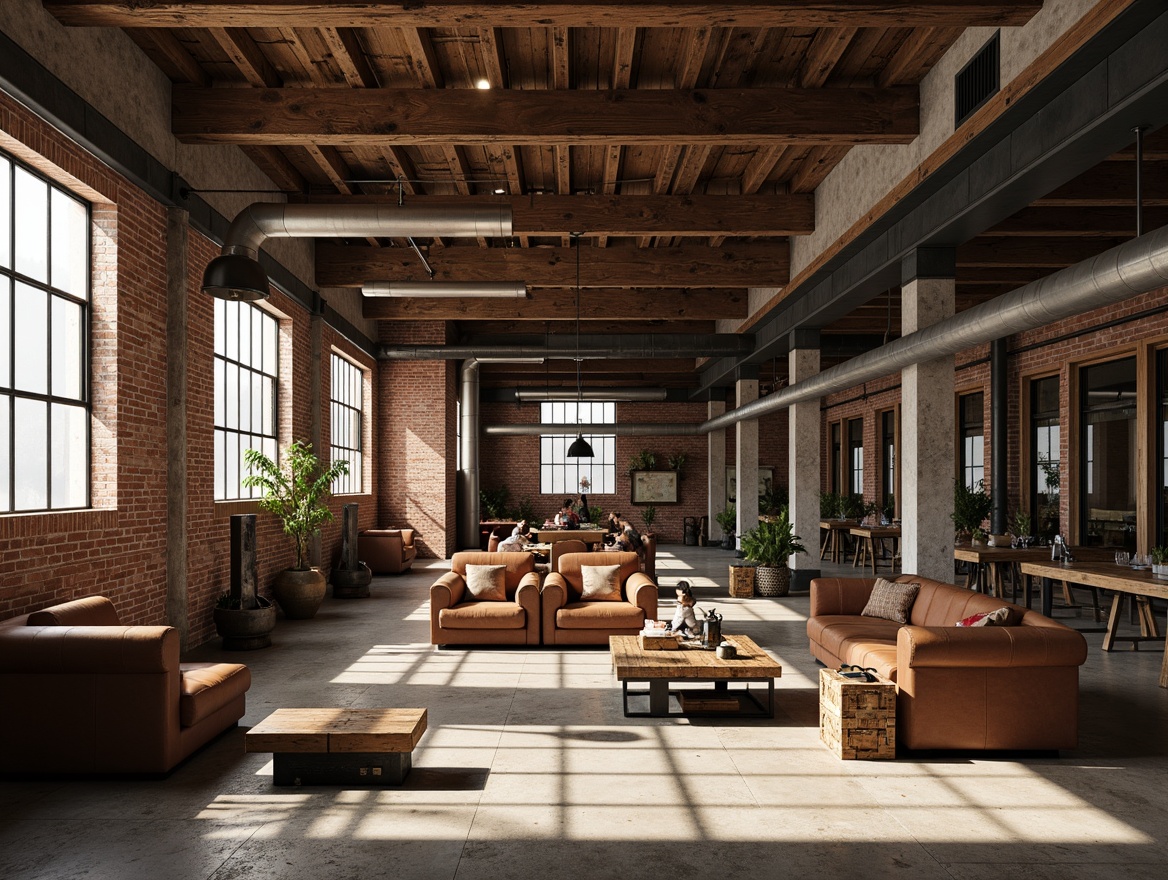 Prompt: Rustic industrial factory, exposed brick walls, distressed wood beams, metal pipes, worn leather furniture, vintage machinery parts, reclaimed wooden crates, earthy tone color palette, warm soft lighting, high ceilings, open space layout, minimalist decor, concrete flooring, metallic accents, subtle patina textures, natural material emphasis, functional design elements, urban industrial atmosphere, dramatic shadows, 1/2 composition, cinematic lighting.