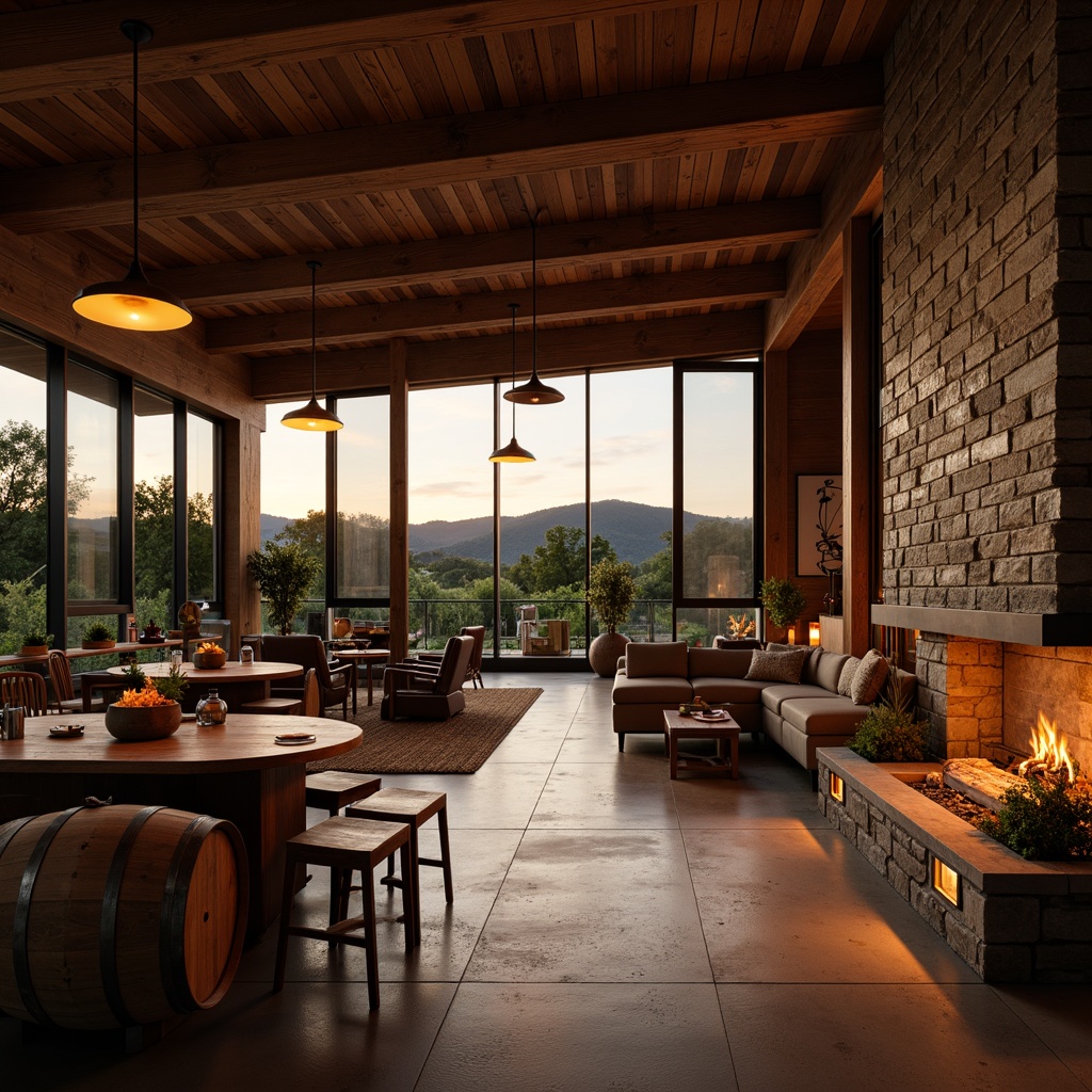 Prompt: Warm winery ambiance, rustic wooden barrels, dimmed pendant lamps, soft warm glow, modern minimalist decor, sleek metal accents, polished concrete floors, large glass windows, natural stone walls, cozy fireplaces, intimate seating areas, rich wood tones, earthy color palette, subtle LED lighting, dramatic ceiling heights, industrial chic elements, functional task lighting, ambient under-cabinet lighting, panoramic vineyard views, sunset warm lighting, shallow depth of field, 1/1 composition, realistic textures, ambient occlusion.