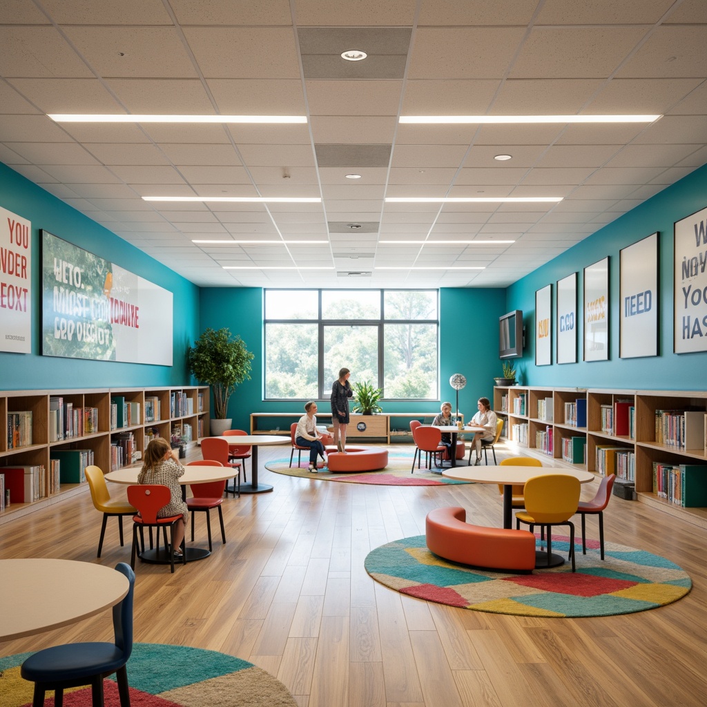 Prompt: Modern middle school interior, sleek wooden flooring, minimalist decor, ergonomic chairs, curved desks, colorful lockers, inspirational quotes, natural stone accents, geometric patterned rugs, floor-to-ceiling windows, soft diffused lighting, 1/1 composition, realistic textures, ambient occlusion, vibrant turquoise walls, stainless steel fixtures, eco-friendly materials, collaborative learning spaces, flexible seating arrangements, interactive whiteboards, motivational posters, subtle color blocking.