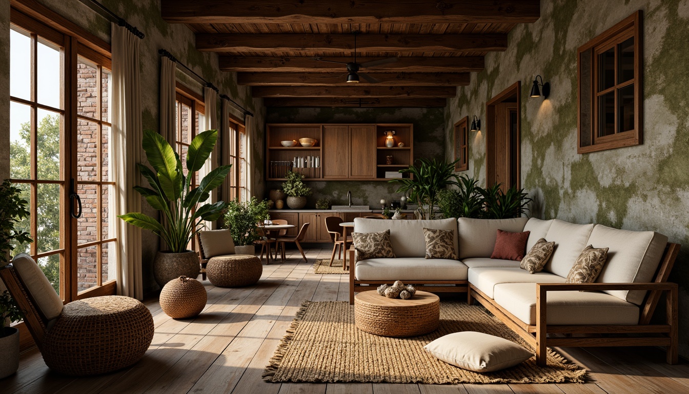 Prompt: Rustic wooden planks, distressed metal sheets, rough stone walls, moss-covered brick facades, ornate carved details, earthy toned ceramics, woven wicker furniture, velvety soft upholstery, natural fiber rugs, warm golden lighting, shallow depth of field, 1/1 composition, realistic textures, ambient occlusion, cozy intimate spaces.