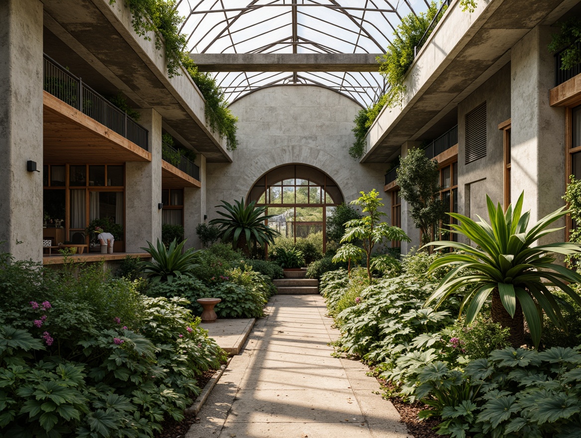 Prompt: Earthy tone greenhouse, brutalist architecture, rugged concrete walls, industrial metal frames, abundant greenery, lush foliage, tropical plants, reclaimed wood accents, natural stone floors, weathered steel beams, exposed ductwork, minimalist decor, warm soft lighting, shallow depth of field, 3/4 composition, panoramic view, realistic textures, ambient occlusion.