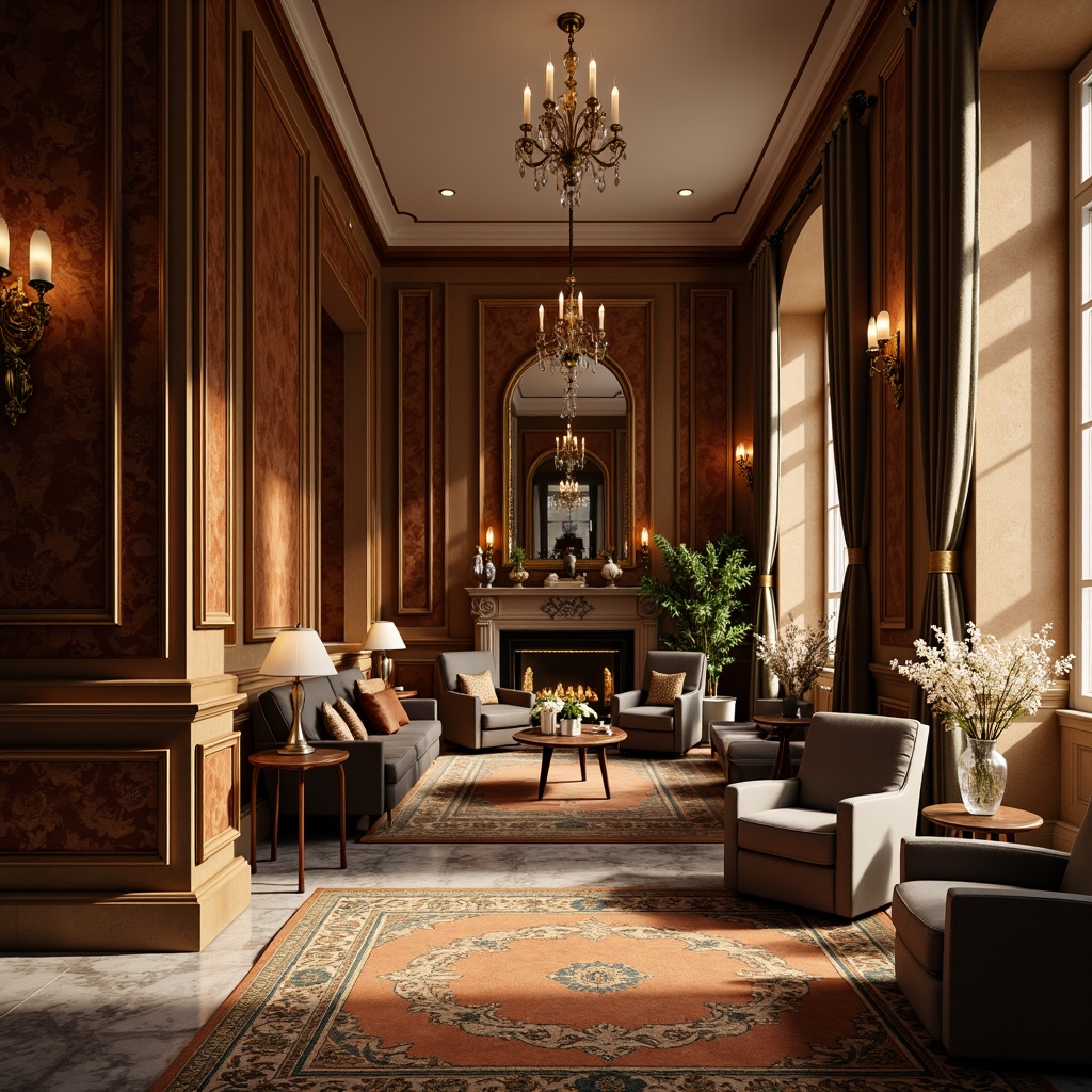 Prompt: Luxurious interior design, textured walls, ornate moldings, rich wood paneling, velvet drapes, gilded accents, marble flooring, crystal chandeliers, lavish furnishings, plush carpets, warm golden lighting, shallow depth of field, 1/2 composition, soft focus, realistic textures, ambient occlusion.