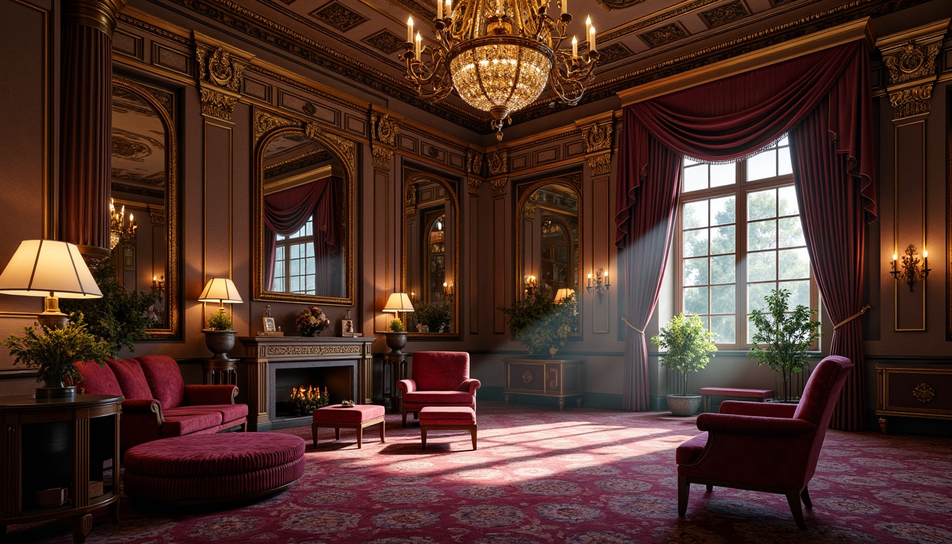 Prompt: Luxurious interior, rich velvet fabrics, intricate golden ornaments, ornate mirrors, lavish furnishings, warm candlelight, opulent chandeliers, majestic architecture, grandiose scale, dramatic lighting, intense shadows, bold color contrasts, deep jewel tones, regal purple, imperial gold, crimson red, emerald green, mysterious bronze, ornate frescoes, intricate stucco, lavish tapestries, antique furniture, soft warm glow, atmospheric perspective, 1/2 composition, shallow depth of field.