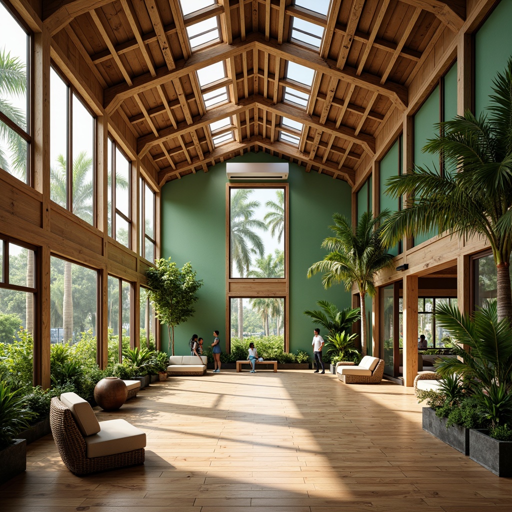 Prompt: Tropical gymnasium, high ceilings, natural ventilation, large windows, sliding glass doors, wooden flooring, bamboo accents, rattan furniture, vibrant green walls, lush indoor plants, misting system, evaporative cooling, clerestory windows, solar tubes, windcatchers, decorative trusses, exposed ductwork, industrial fans, modern tropical architecture, warm natural lighting, soft shadows, shallow depth of field, 1/1 composition, realistic textures, ambient occlusion.Please let me know if this meets your requirements!