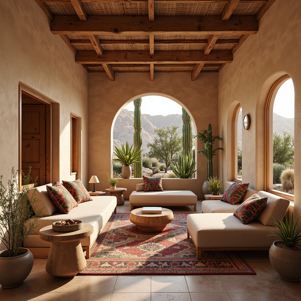 Prompt: Southwestern-style interior, adobe architecture, earthy color palette, rustic wooden furniture, woven textiles, vibrant Native American patterns, geometric shapes, natural stone flooring, arched windows, clerestory lighting, open-concept living area, minimalist decor, cozy reading nooks, desert-inspired landscaping, cacti plants, warm sandy tones, soft warm lighting, shallow depth of field, 3/4 composition, panoramic view, realistic textures, ambient occlusion.