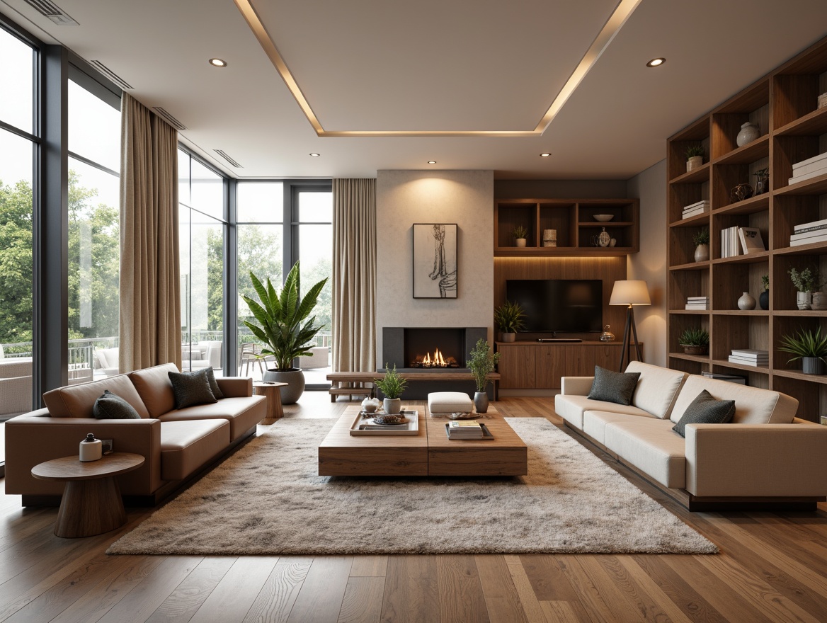 Prompt: Modern luxury living room, sleek wooden flooring, plush area rugs, comfortable sofas, accent walls, decorative lighting fixtures, metallic hardware, rich wood tones, soft velvety textures, functional storage units, minimalist shelving, floor-to-ceiling windows, natural daylight, warm ambient lighting, 1/1 composition, realistic reflections, detailed normal maps.