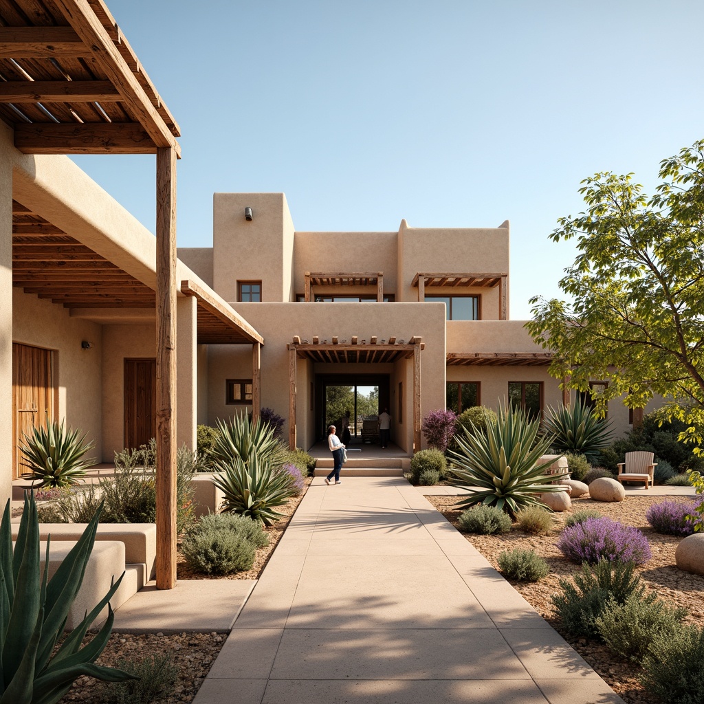 Prompt: Southwestern style building, adobe architecture, earthy tones, rustic textures, wooden accents, natural ventilation systems, clerestory windows, solar chimneys, windcatchers, evaporative cooling, desert landscaping, cacti plants, succulent gardens, sandy walkways, turquoise accents, vibrant textiles, geometric patterns, warm sunny day, soft diffused lighting, shallow depth of field, 3/4 composition, realistic textures, ambient occlusion.