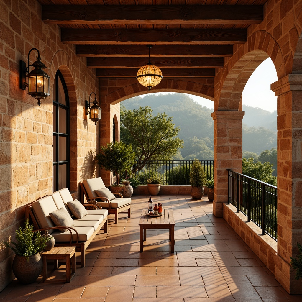 Prompt: Warm Mediterranean villa, rustic stone walls, terracotta floors, wooden beams, ornate metal lanterns, soft warm lighting, pendant lamps, bronze sconces, crystal chandeliers, ambient candlelight, natural textiles, earthy color palette, lush greenery, potted plants, arched windows, wrought iron railings, sunny afternoon, soft shadows, 1/1 composition, realistic render.