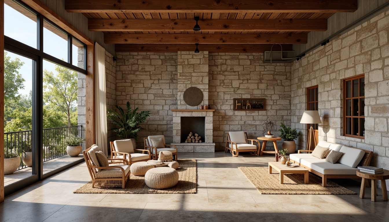 Prompt: Natural stone walls, reclaimed wood accents, exposed brick ceilings, polished concrete floors, industrial metal beams, earthy color palette, organic textures, rustic wooden furniture, woven wicker chairs, jute rugs, potted greenery, abundant natural light, airy open spaces, minimal ornamentation, functional simplicity, cozy warmth, inviting atmosphere, 3/4 composition, soft warm lighting, shallow depth of field, realistic materials, ambient occlusion.