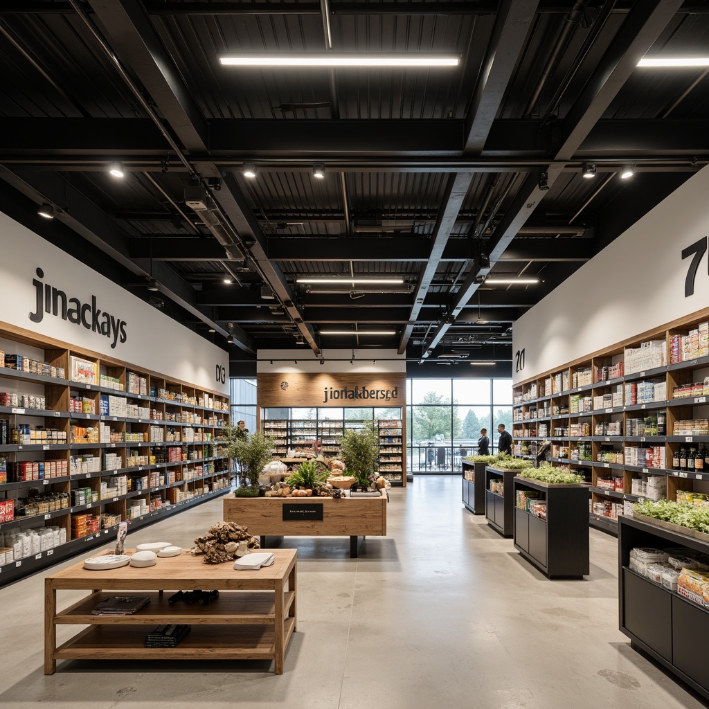 Prompt: Minimalist grocery store interior, clean lines, monochromatic color scheme, industrial metal shelving, reclaimed wood accents, polished concrete floors, modern LED lighting, open ceiling, exposed ductwork, sparse product displays, abundant negative space, natural materials, earthy tones, subtle branding, simple signage, intuitive navigation, efficient checkout counters, sleek payment terminals, ample storage compartments, minimalist decor, calm atmosphere, soft overhead lighting, shallow depth of field, 3/4 composition, realistic textures, ambient occlusion.