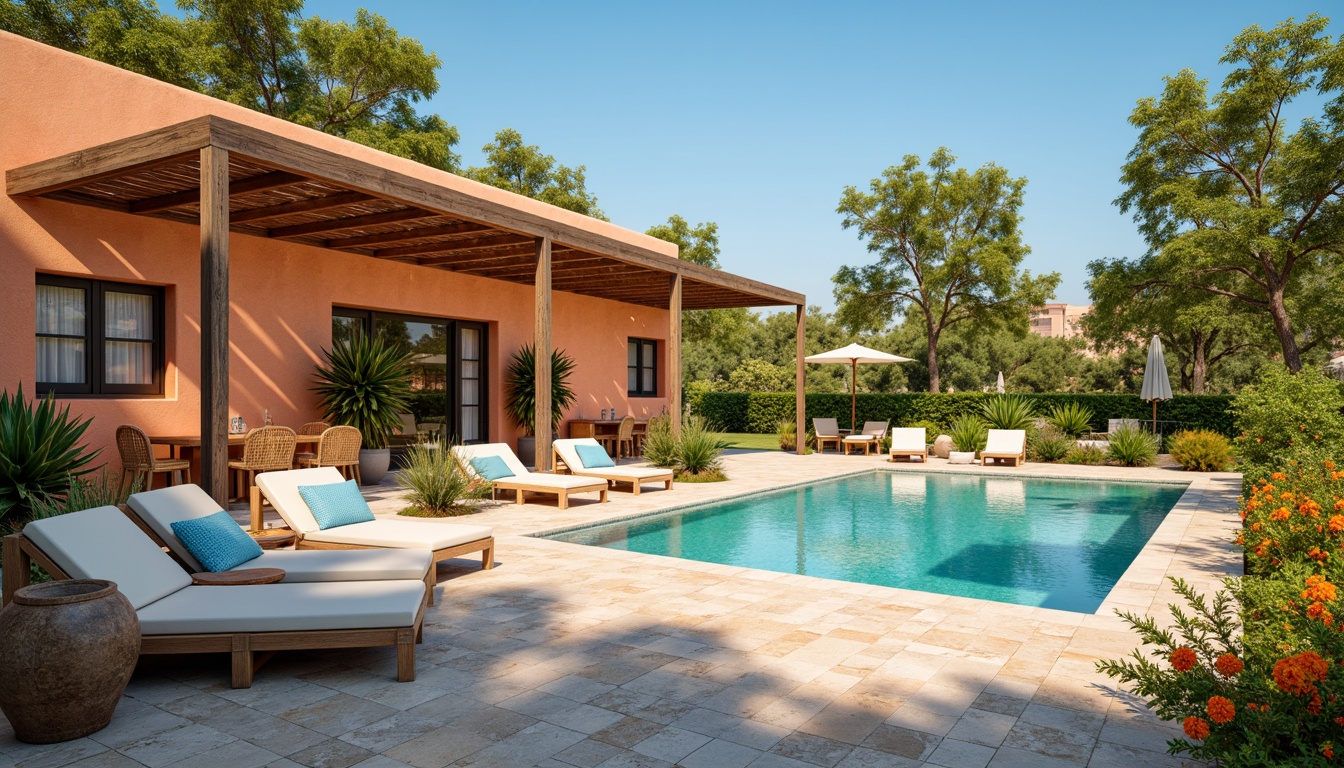 Prompt: Warm Mediterranean villa, sun-kissed terracotta walls, soft creamy whites, azure blue accents, lush greenery, vibrant citrus hues, earthy terrains, natural stone floors, rustic wooden beams, ornate metalwork, turquoise waters, clear blue skies, warm golden lighting, shallow depth of field, 3/4 composition, realistic textures, ambient occlusion.