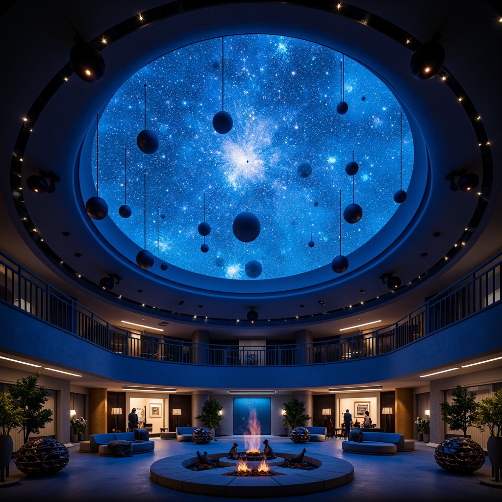 Prompt: Celestial planetarium dome, dark blue interior, twinkling starry night sky, LED constellation projections, circular seating arrangements, sleek modern lighting fixtures, suspended spherical pendant lights, fiber optic \star\ ceiling installations, ambient soft glow, color-shifting mood lighting, 3D astronomical visualizations, surround sound systems, realistic planetary textures, atmospheric fog effects, dramatic spotlighting, high-contrast ratio displays.