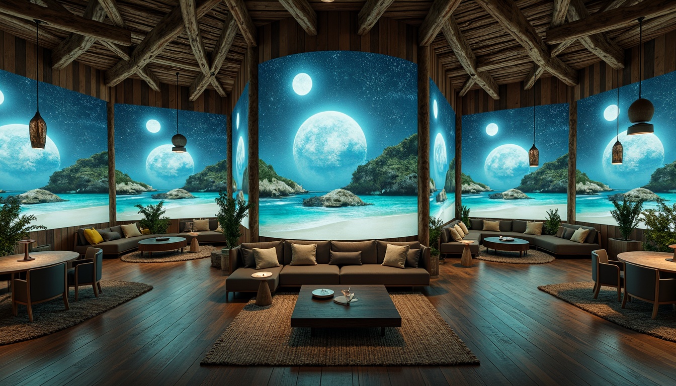 Prompt: Driftwood accents, ocean-worn stones, weathered wooden planks, soft sandy hues, calming aqua tones, iridescent shells, undulating waves, starry night sky, glowing constellations, ambient LED lighting, plush velvet seats, distressed metal frames, rustic rope details, natural fiber rugs, woven rattan furniture, organic shape installations, 3D projection mapping, immersive dome screens, surround sound systems, realistic cosmic visuals, shallow depth of field, cinematic composition.